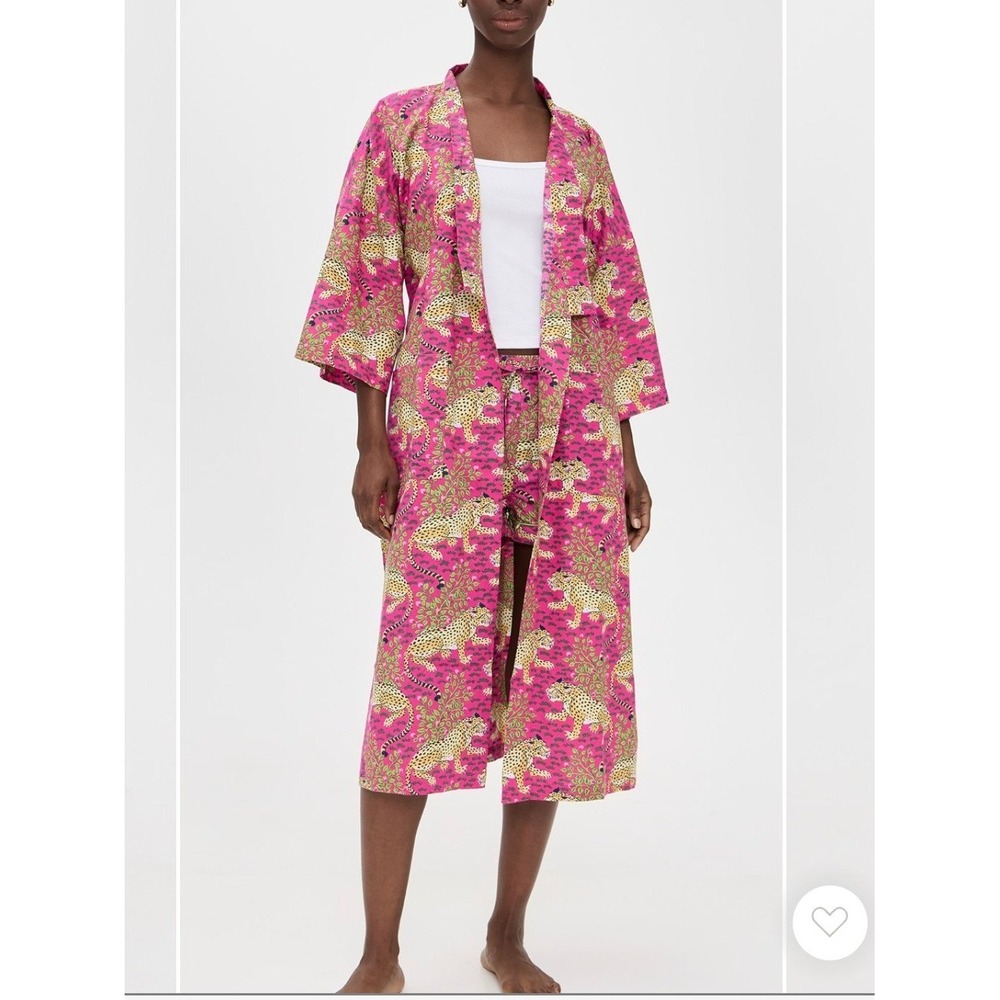 Printfresh Bagheera Robe Leopard Pink Organic Cotton Long Kimono Pockets S/M